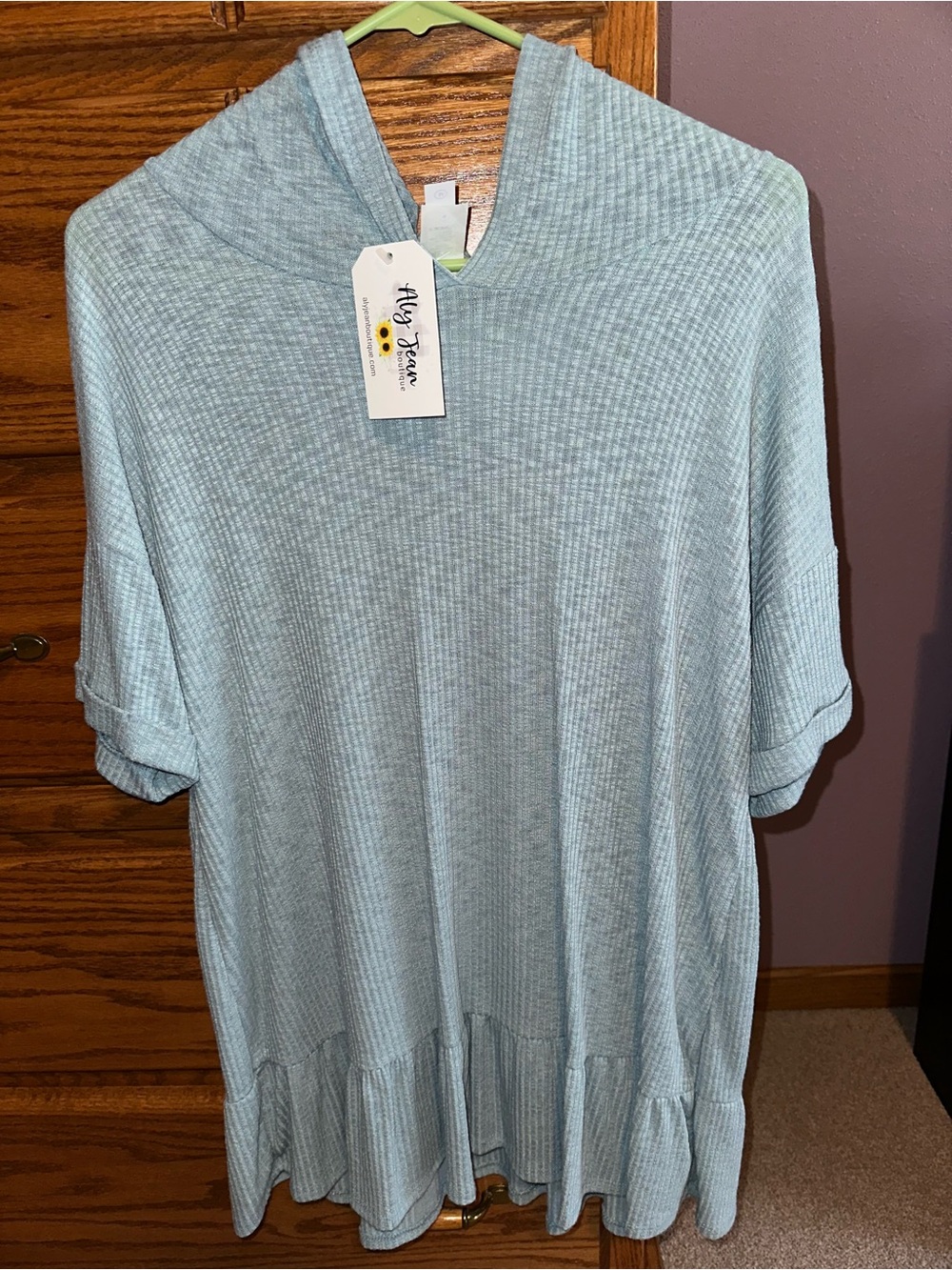NWT Honeyme Light Blue Hooded Ruffle-Hem Women’s Top Sz M